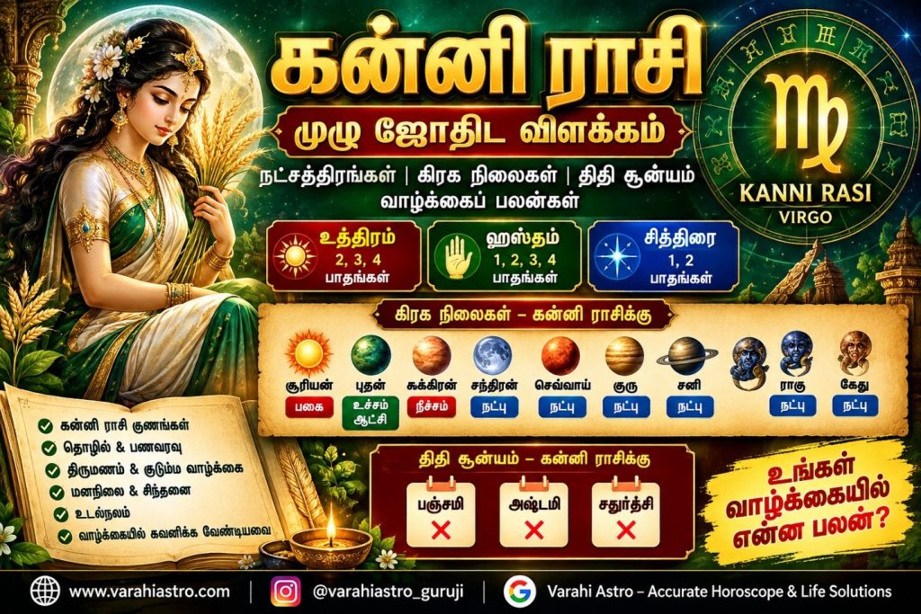 கன்னி ராசி – நட்சத்திரங்கள், கிரக நிலைகள், திதி சூன்யம் மற்றும் வாழ்க்கைப் பலன்கள்